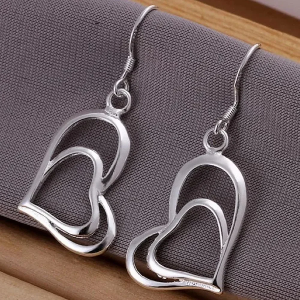 Cute Sterling Silver Double Heart's Drop Earrings 